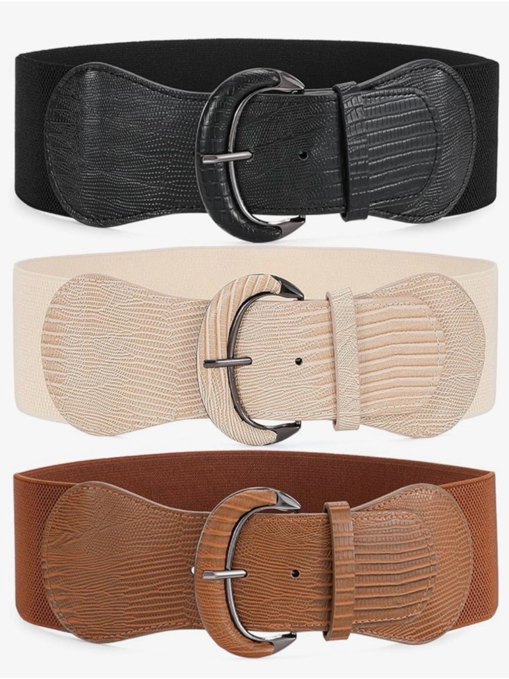 3 Pack Textured Elastic Waist Belt with Curved Buckle - Black, Beige, Brown